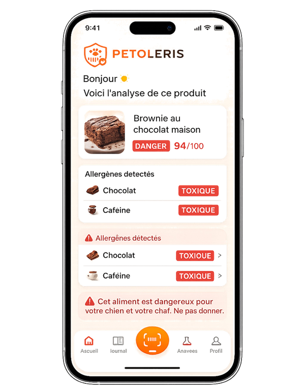 Application Petoleris — danger détecté brownie chocolat