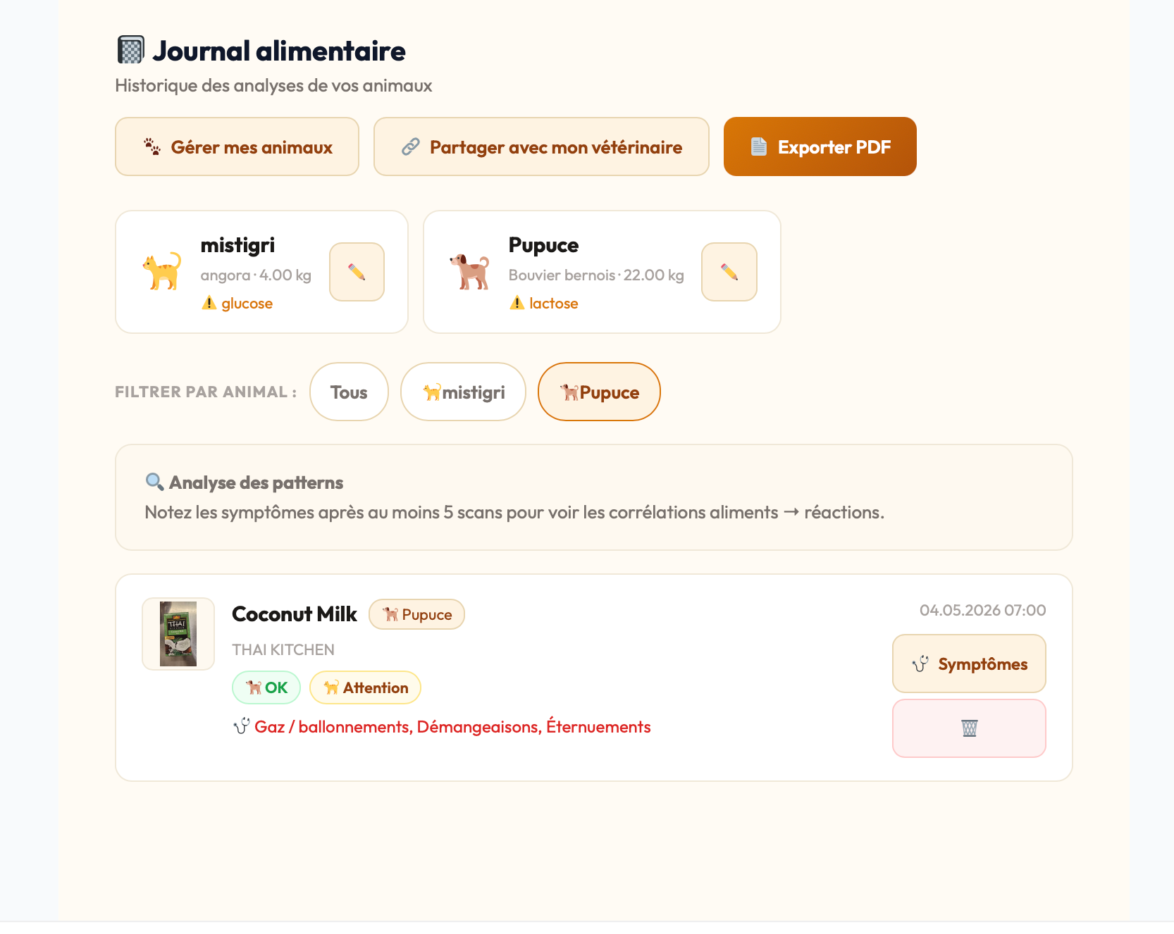 Journal alimentaire Petoleris — suivi des repas et symptômes de votre animal