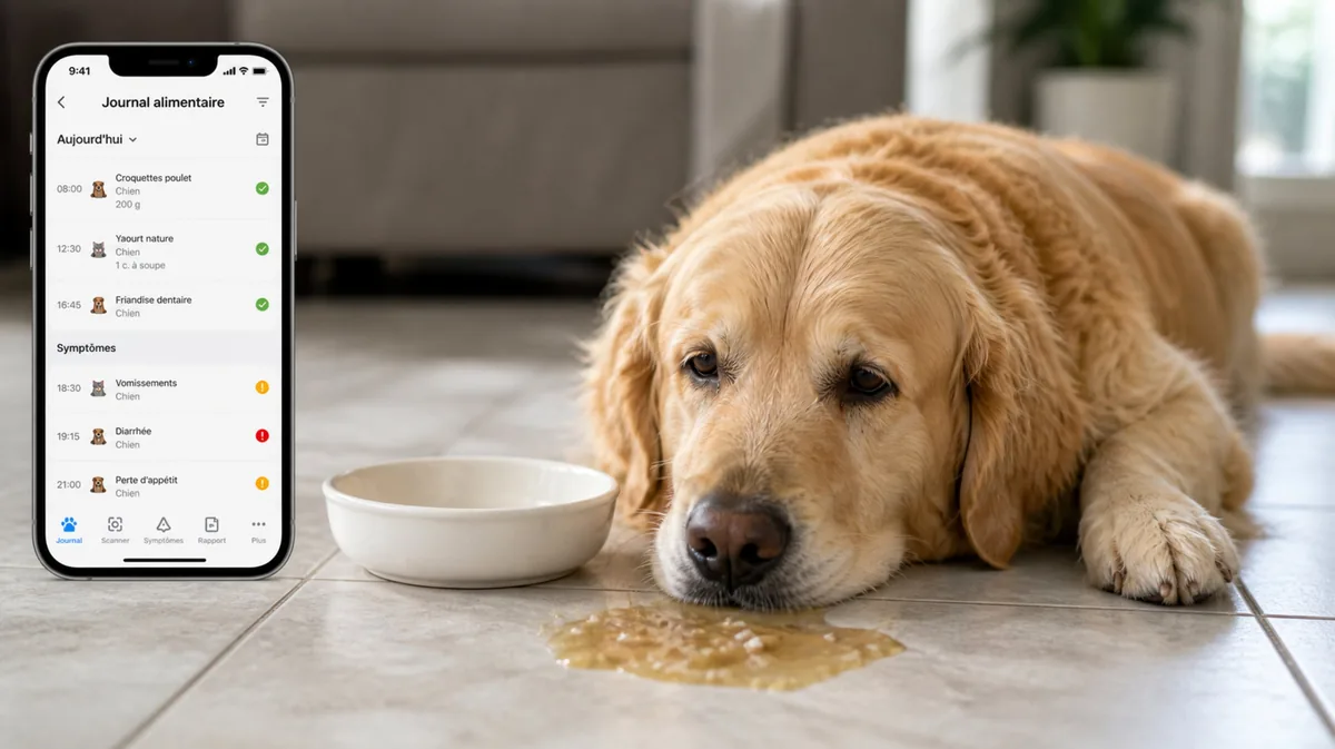 Journal alimentaire Petoleris avec symptômes — chien malade